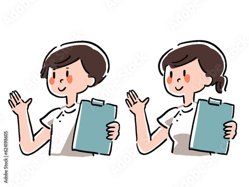 ゆるいタッチ 手描き風の案内する看護師の男女のイラストセット