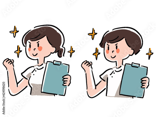 ゆるいタッチ 手描き風のやる気に満ち溢れる看護師の男女のイラストセット