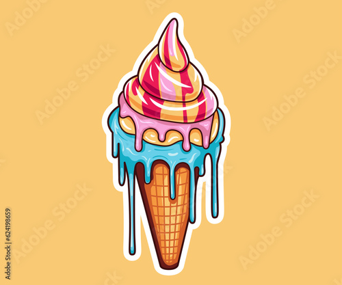 Sweet ice cream melting balls in the waffle cone isolated on background. Vector flat outline icon, label, sticker. Comic character in cartoon style illustration.