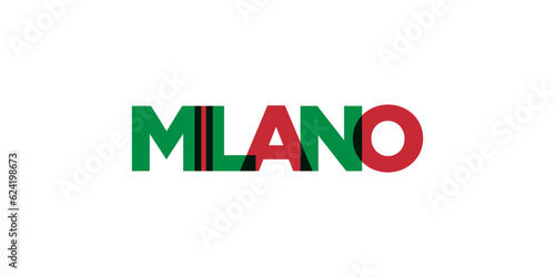 Milano in the Italia emblem. The design features a geometric style, vector illustration with bold typography in a modern font. The graphic slogan lettering.