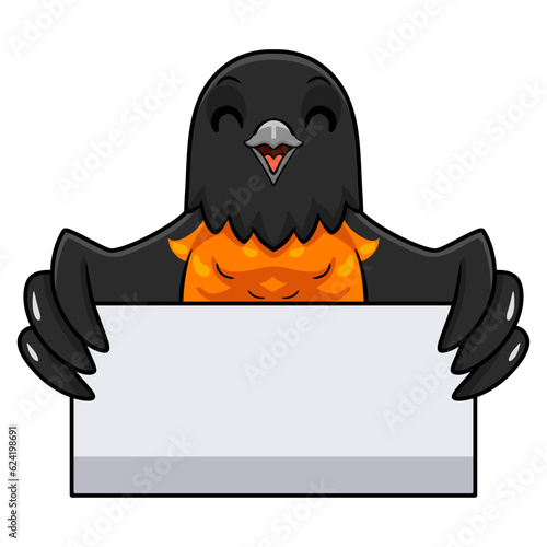 Cute baltimore oriole bird cartoon holding blank sign