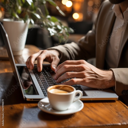 man is typing on his laptop at a restaurant setting, generative ai