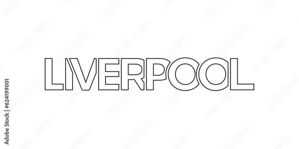 Liverpool city in the United Kingdom design features a geometric style illustration with bold typography in a modern font on white background.