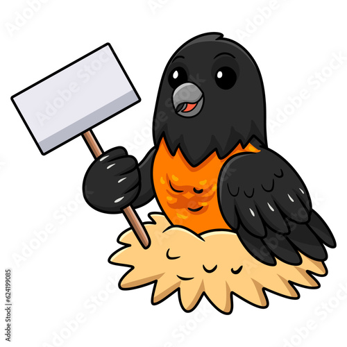 Cute baltimore oriole bird cartoon holding blank sign