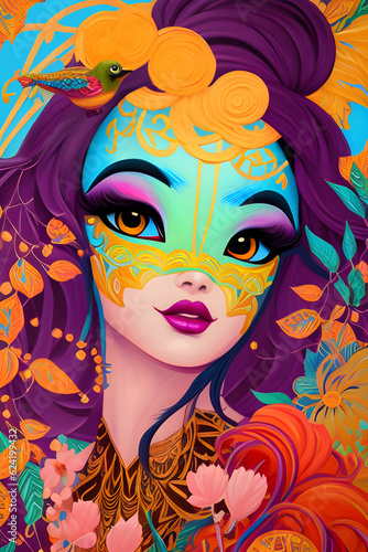 Female cartoon character with colorful makeup resembling a tropical bird.