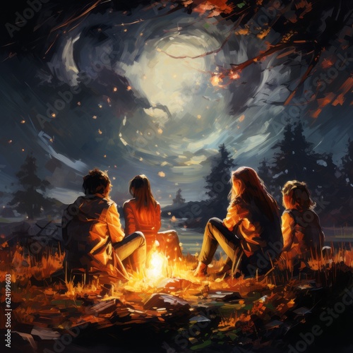 A painting of four young friends sitting around a campfire in a forest looking at the moon, generative ai