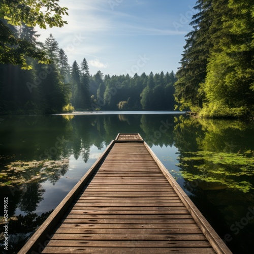 a wooden pier leading to a lake of still water, with trees on the other side, and a clear sky, generative ai
