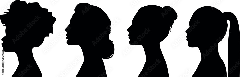set of silhouettes of beautiful women. Stylish hairstyle. Portrait profile. Universal isolated avatar