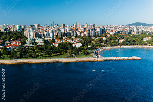 Aerial view of beach and park in Caddebostan district on the Marmara Sea coast of the Asian side of Istanbul, Turkey. photo