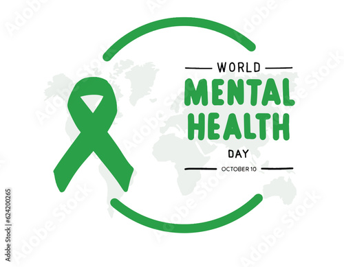 illustration of world mental health day with green ribbon and map isolated on white background photo