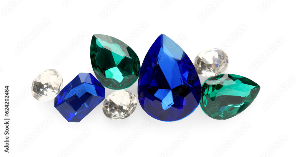 Fototapeta premium Different beautiful gemstones for jewelry isolated on white, top view
