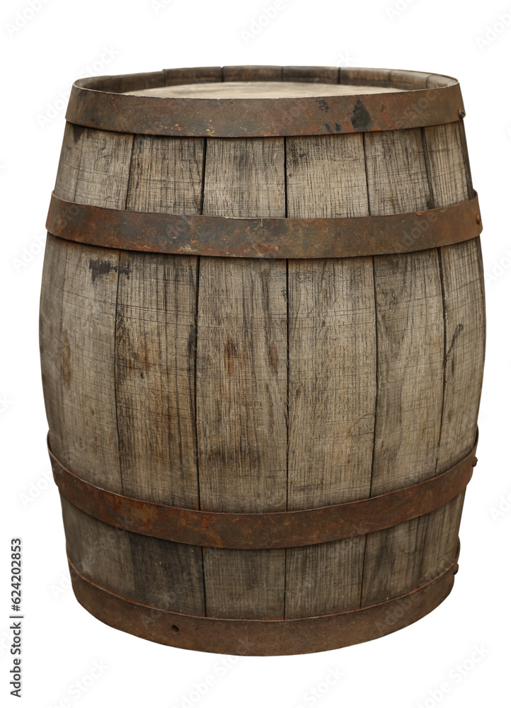 Obraz premium One wooden barrel with metal hoops isolated on white