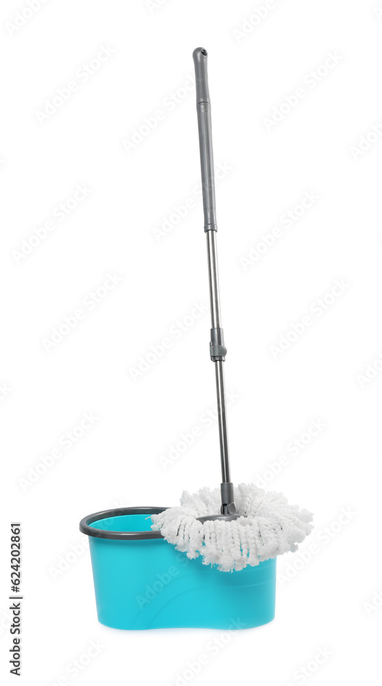 Mop and plastic bucket isolated on white Mop and plastic bucket isolated on white