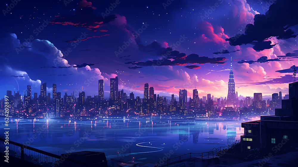 Cityscape with the night sky showing blue clouds and stars in the
