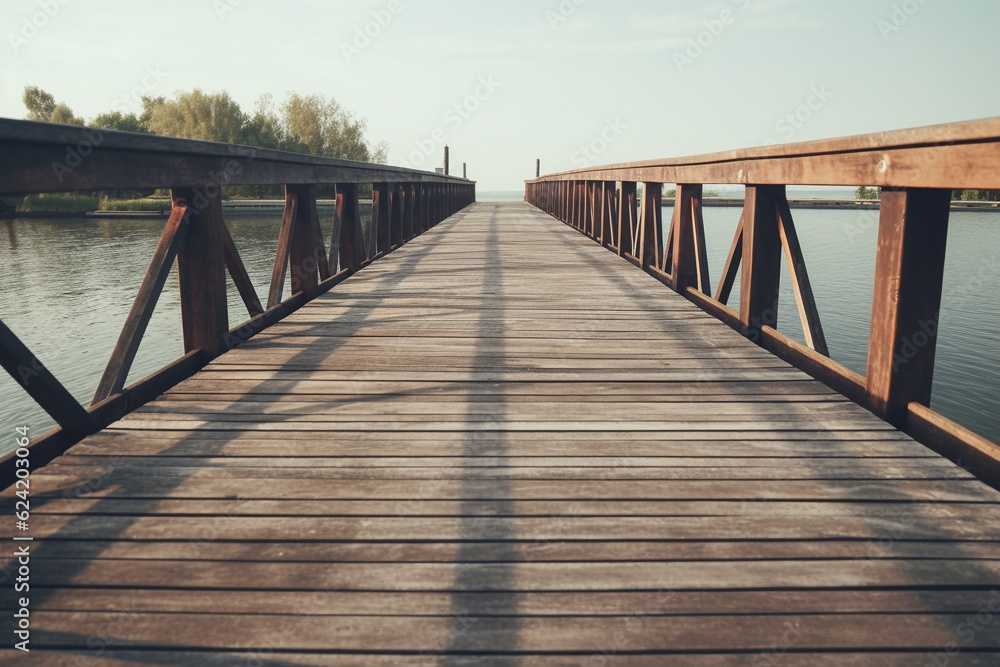 Fototapeta premium Old vintage wooden bridge on the lake, in spring, tropical, quiet river. Generative AI.
