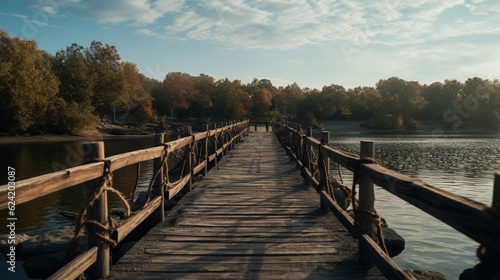 Old vintage wooden bridge on the lake  in spring  tropical  quiet river. Generative AI.