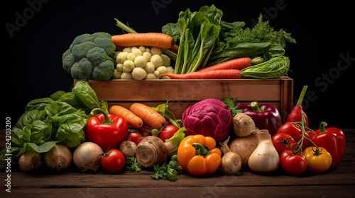 a wooden box full of fresh raw typical german vegetables. healthy food photography. close-up. product photo for restaurant. generative ai