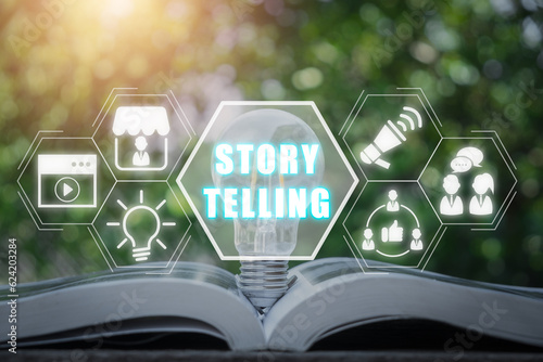 Wallpaper Mural Story telling concept, Light bulb on book with story telling icon on virtual screen. Torontodigital.ca
