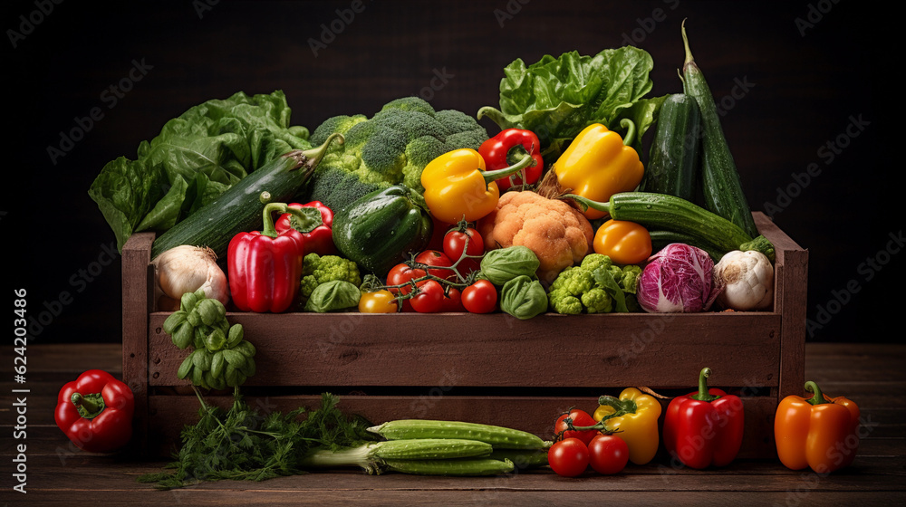 a wooden box full of fresh raw vegetables. healthy food photography. close-up. product photo for restaurant. generative ai a wooden box full of fresh raw vegetables. healthy food photography. close-up. product photo for restaurant. generative ai