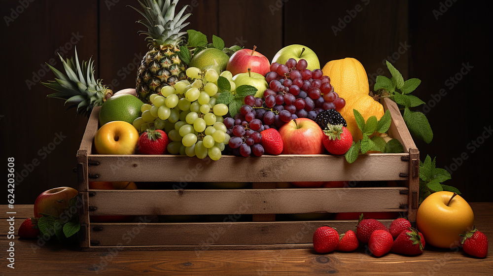a wooden box full of fresh typical european fruits. healthy food photography. close-up. product photo for restaurant. generative ai