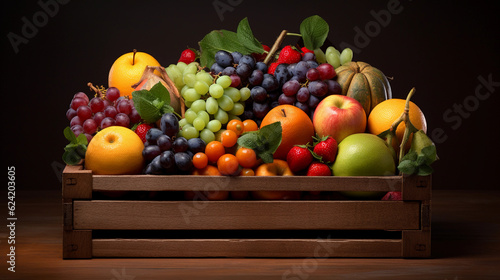 a wooden box full of fresh typical european fruits. healthy food photography. close-up. product photo for restaurant. generative ai