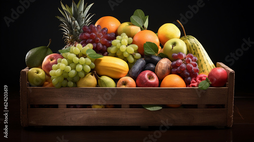 a wooden box full of fresh typical european fruits. healthy food photography. close-up. product photo for restaurant. generative ai