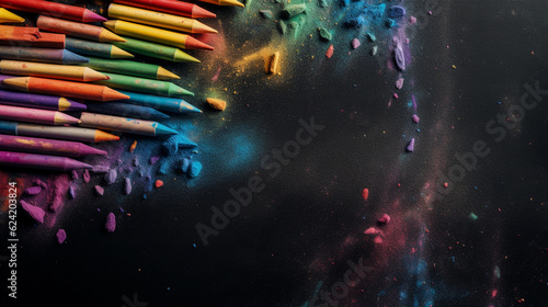 Colorful crayons laying on the blackboard. Back to school concept. generative ai