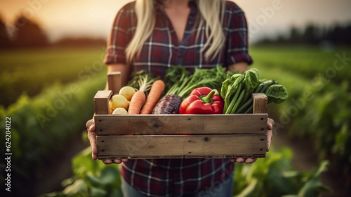 Female Farmer with a red and black checkered shirt. healthy food photography. close-up. product photo for restaurant. generative ai