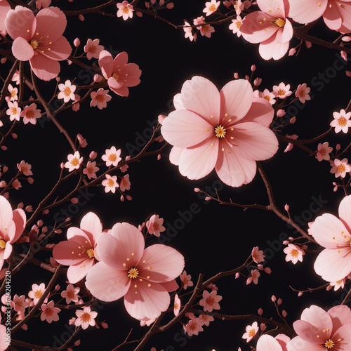 Seamless pattern with pink cherry blossom flowers illustration on isolated black background. Generative AI
