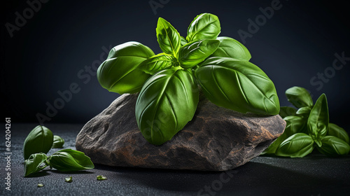 fresh cut basil on dark rough stone table. healthy food photography. close-up. product photo for restaurant. generative ai