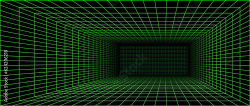 Neon green wireframe grid room. 3d perspective angle background. Futuristic digital outline space. Geometric dimension design. Vector template illustration