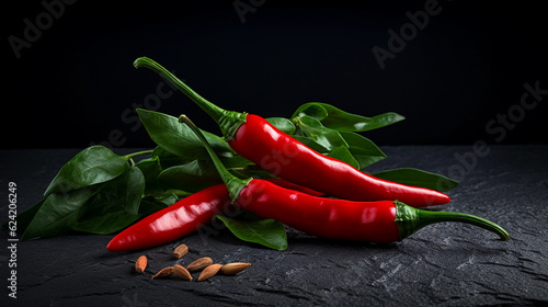 fresh raw chilis on dark rough stone table. healthy food photography. close-up. product photo for restaurant. generative ai