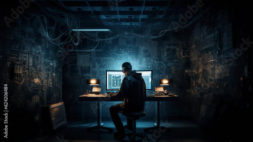 Hacker typing computer. Concept of cybercrime. Cyberattack. Dark web. ai generated