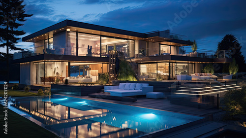 modern expensive luxury villa with a pool in front at dusk night. Generative AI © jr-art