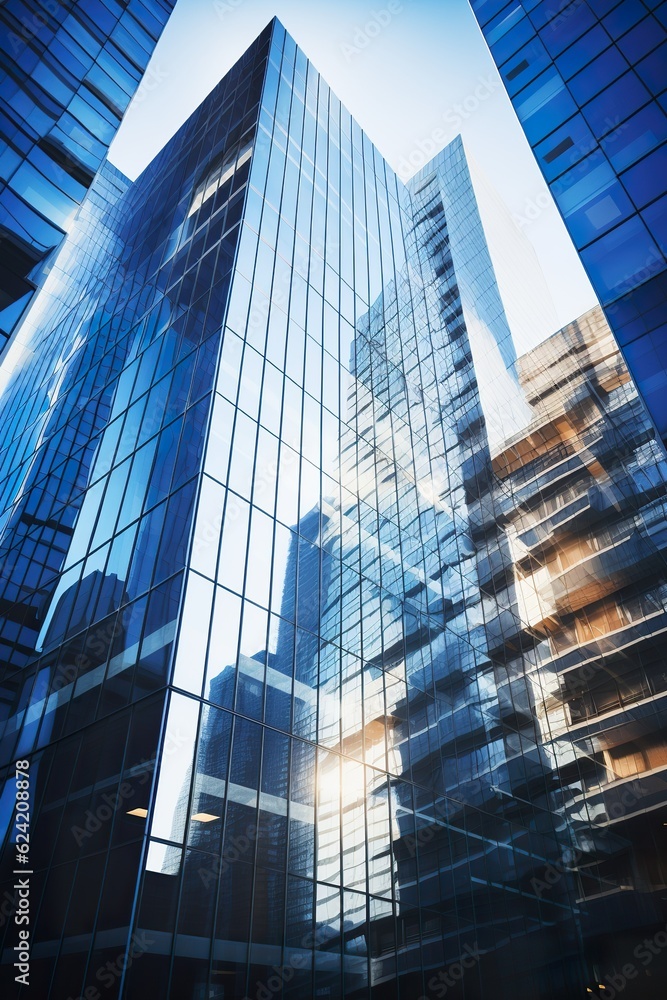 modern office building with reflection on the floor, blue-toned image.