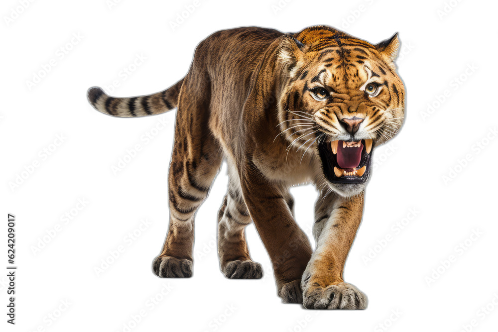 Obraz premium png of a realistic extinct sable tooth tiger crawling, no background, isolated. Generative AI