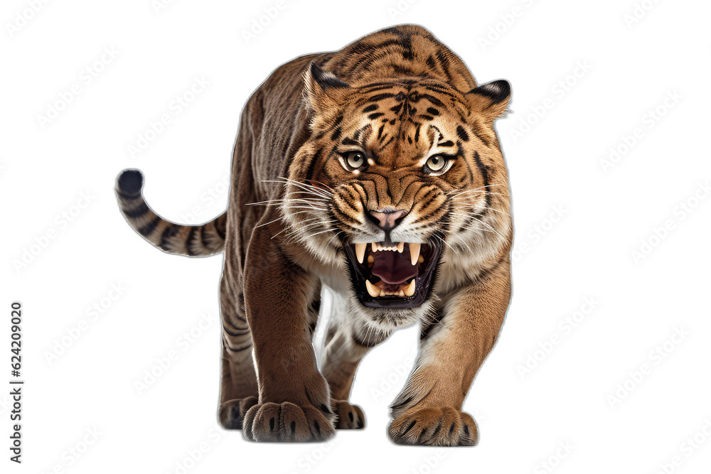 Obraz premium png of a realistic extinct sable tooth tiger crawling, no background, isolated. Generative AI