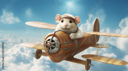 Fototapeta Naklejka Na Ścianę i Meble -  Hamster flying in vintage airplane in the sky. 