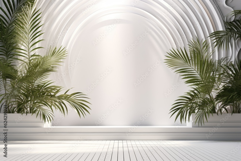 Abstract white studio background for product presentation. Empty room with shadows from windows and flowers and palm leaves. 3D room with copy space. Ai generative Abstract white studio background for product presentation. Empty room with shadows from windows and flowers and palm leaves. 3D room with copy space. Ai generative