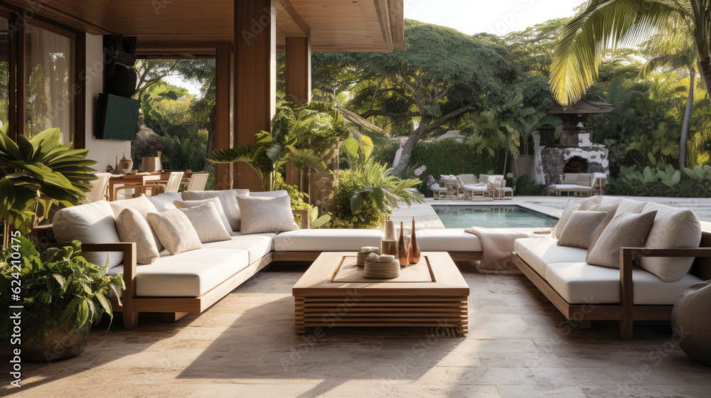 Fototapeta premium a luxury terrace of a villa with a canopy and a couch with a table. Generative AI