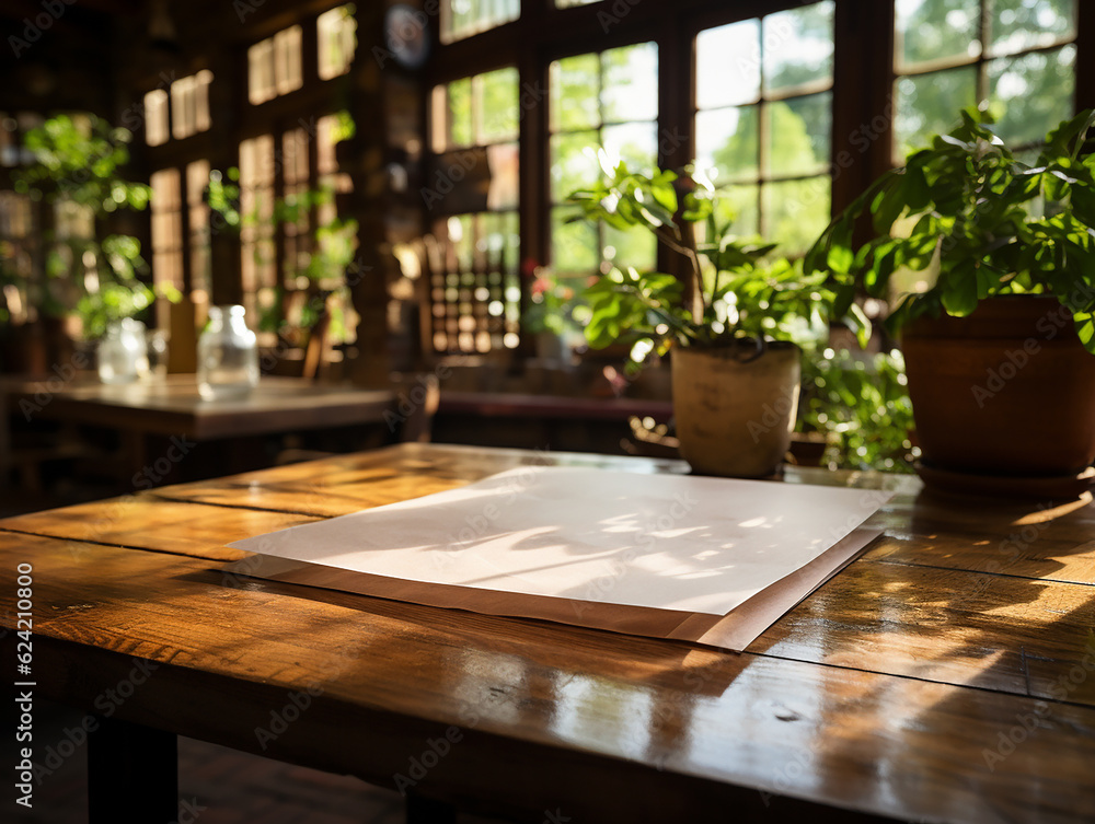 paper on the wooden table, real photography with smooth lighting and sun light AI generate