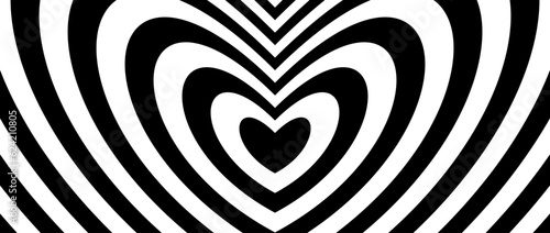 Abstract hypnotic heart background. Valentines optical illusion pattern. Black and white heart-shaped op art design for poster, banner, template. Vector horizontal illustration wallpaper
