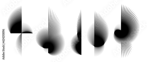 Abstract black curved spiky elements set. Radial spiral spokes objects collection. Thin thorn semicircle shapes and angular sunburst bundle for posters, collages, decoration. Vector futuristic pack