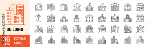 Building editable stroke outline Icons set. House, office, hospital, bank, university, school, hotel, shop, government, shopping mall and buildings. Vector illustration