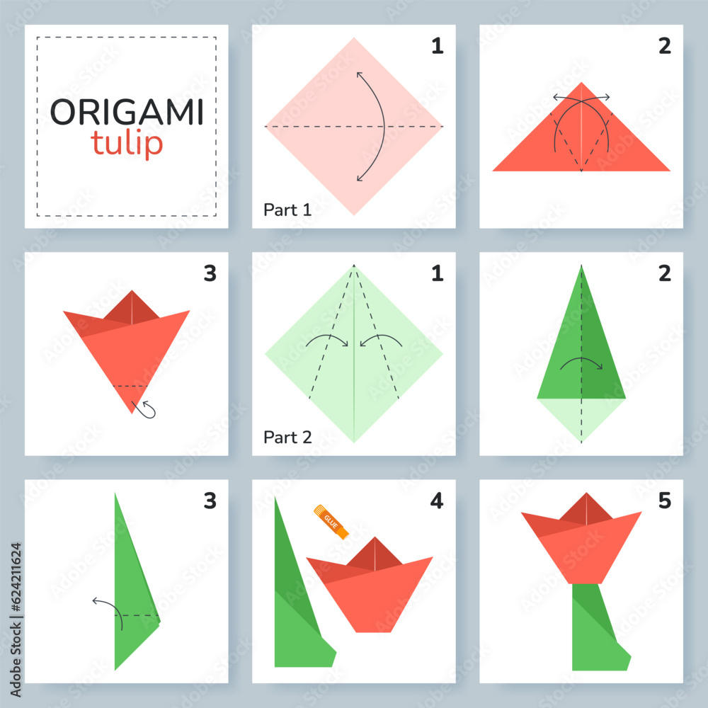 Tulip origami scheme tutorial moving model. Origami for kids. Step by step how to make a cute origami flower. Vector illustration. Tulip origami scheme tutorial moving model. Origami for kids. Step by step how to make a cute origami flower. Vector illustration.