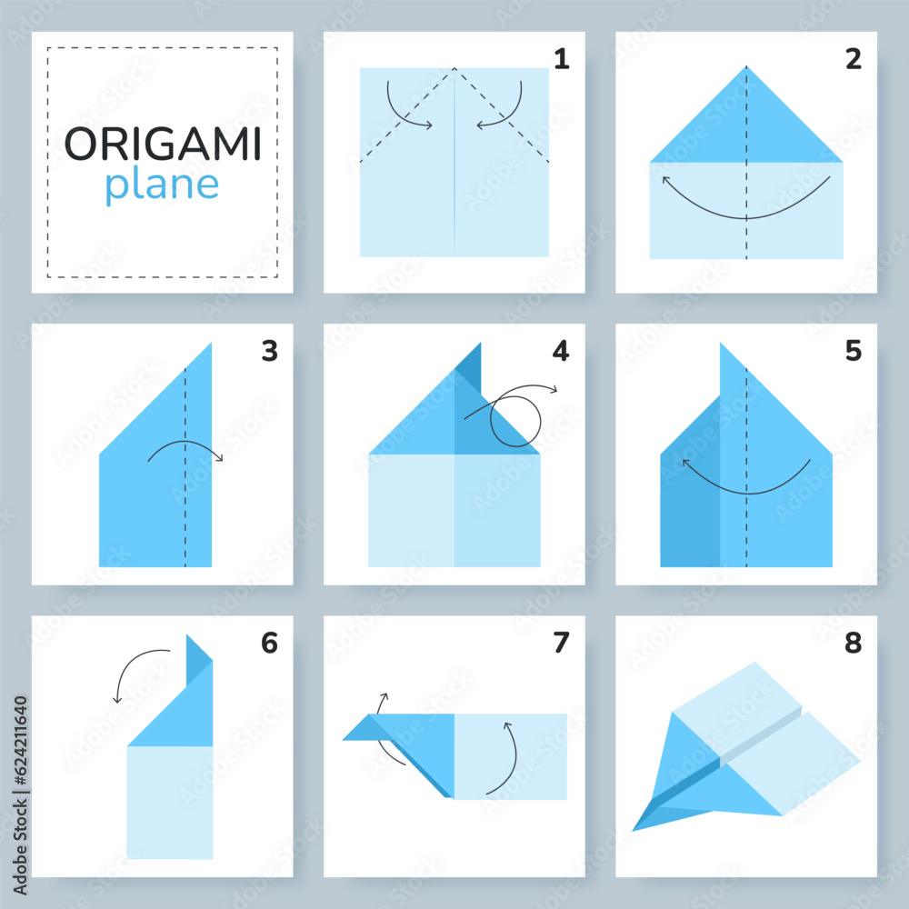 Airplane origami scheme tutorial moving model. Origami for kids. Step by step how to make a cute origami plane. Vector illustration.