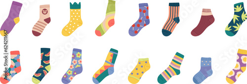 Cartoon socks. Isolated sock design, clothing colorful winter for kids and adults. Cotton accessories, stylish male female decent vector apparel