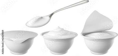 Realistic open yogurt. 3d closed plastic cup with lid. White container packaging mockup for dairy food. Sour cream, soft cheese pithy vector set