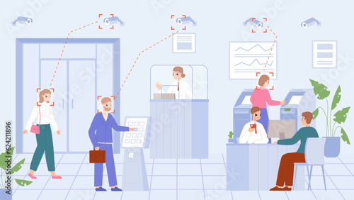 Clients face recognition in bank office. Customer service, counters and cashiers. Finance, business and credit department, snugly banking vector scene