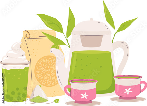 Tea time composition with cups, pot and leaves. Matcha or green drink, drinking accessories and food. Summer fresh cocktail, healthy style vector concept
